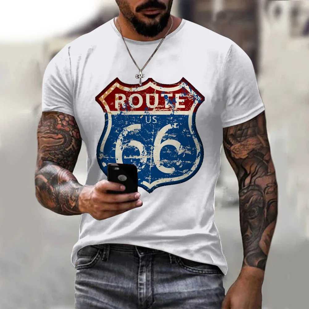 2024 Summer New Male T-Shirts Of Large Sizes Vintage Loose Clothing Short Fashion America Route 66 Printed Letters Men Tops TeeM240731