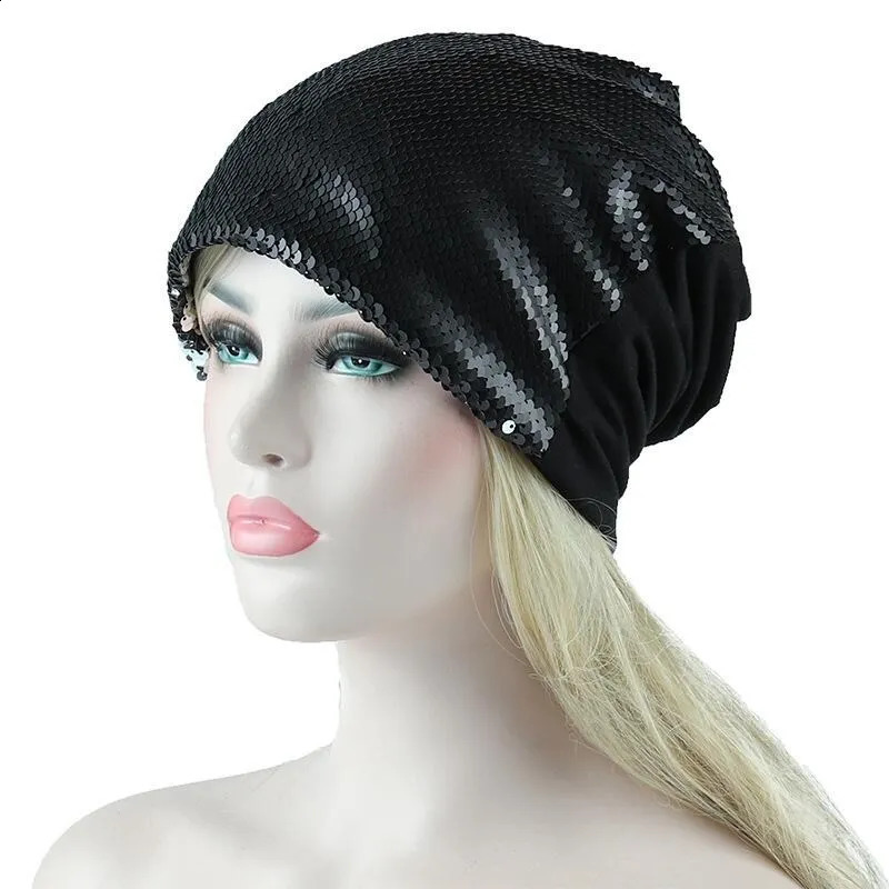 Women Knitted Paillette Bling Cap Casual Glossy Beanies Hat Hip-Hop Skullies Beanie Sequin Caps Soft Warm Slouch Hat240723