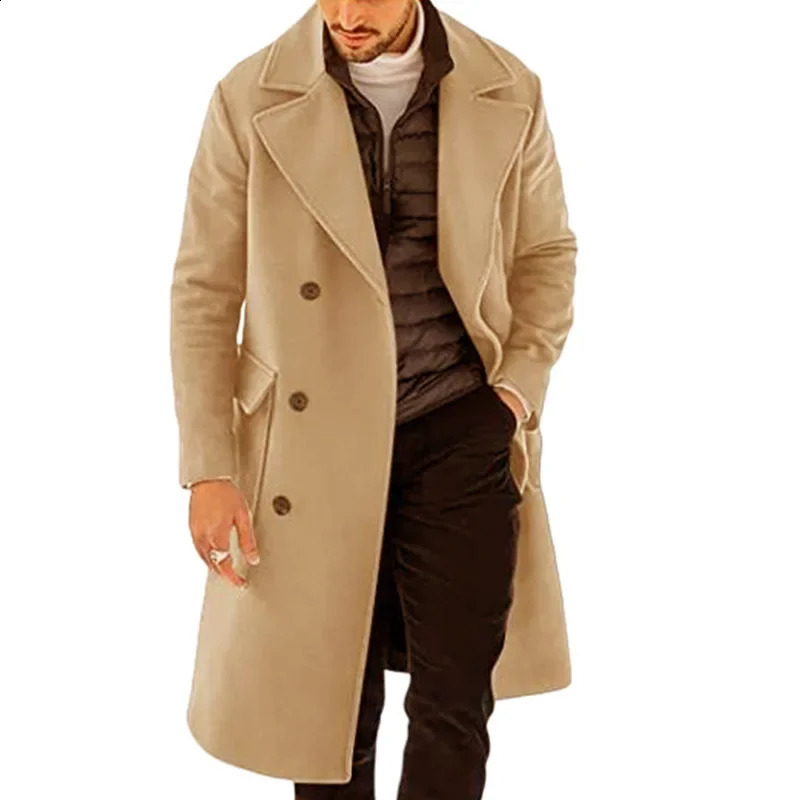Mens Loose Cardigan Double Breasted Large Coat Autumn Winter Woolen Coat Mens Vintage Long Sleeve Lapel Pocket Woolen Coat 240812