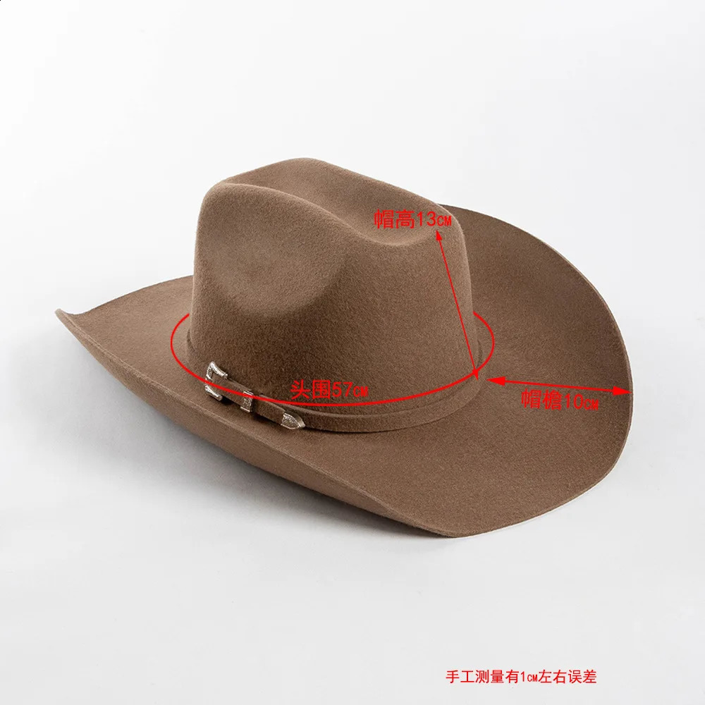100% Wool Concave Shape Top Hat Fashion Belt Buckle Decorative Woolen Curling Wide Brim Fedora Hat Unisex Western Cowboy Hat 240718