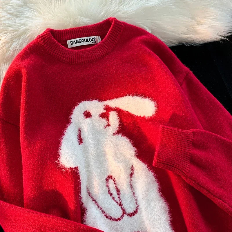 Winter Vintage Rabbit Flocking Sweater Loose Round Neck Long Sleeve Pullover Women Casual Fashion Sweet Sweater Streetwear Tops 240731