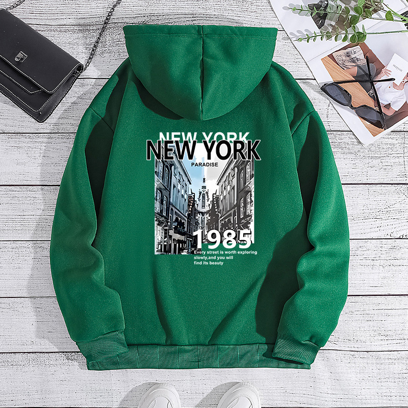 New York City Printed Hoodie for Autumn Winter, with Back Collar and Velvet, Women's Top F7.31#25