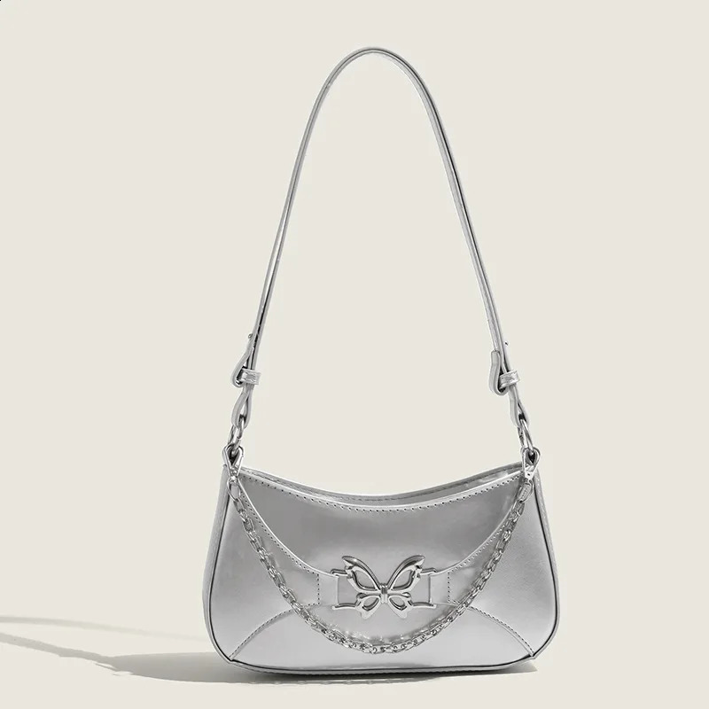 Y2k Fashion Silver Butterfly Shoulder Bags for Women Trendy s PU Leather Chain Handbags Black Underarm Bags Clutch Purse 240731