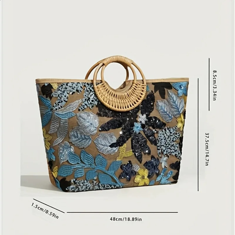 Womens Tote Bag Bead Flower Round Hand Weave Capacity Large Beach 240730