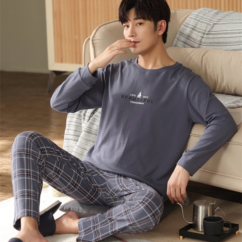 Arrival Spring Men Pajamas Long Sleeve Male Pajama Set Men Knited Cotton Pajamas For Men Sleepwear Suit homewear 4XL 240819
