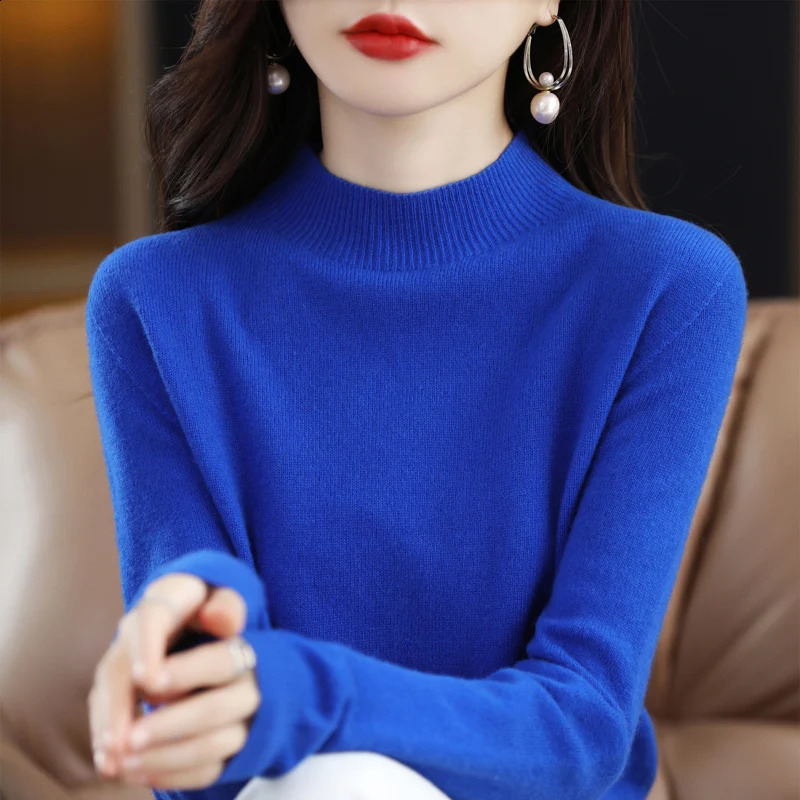 100% Merino Wool Cashmere Sweater Womens Knitted Navy Blue Collar Long Sleeve Floral Autumn Winter Clothing Warm Jumping Top 240812