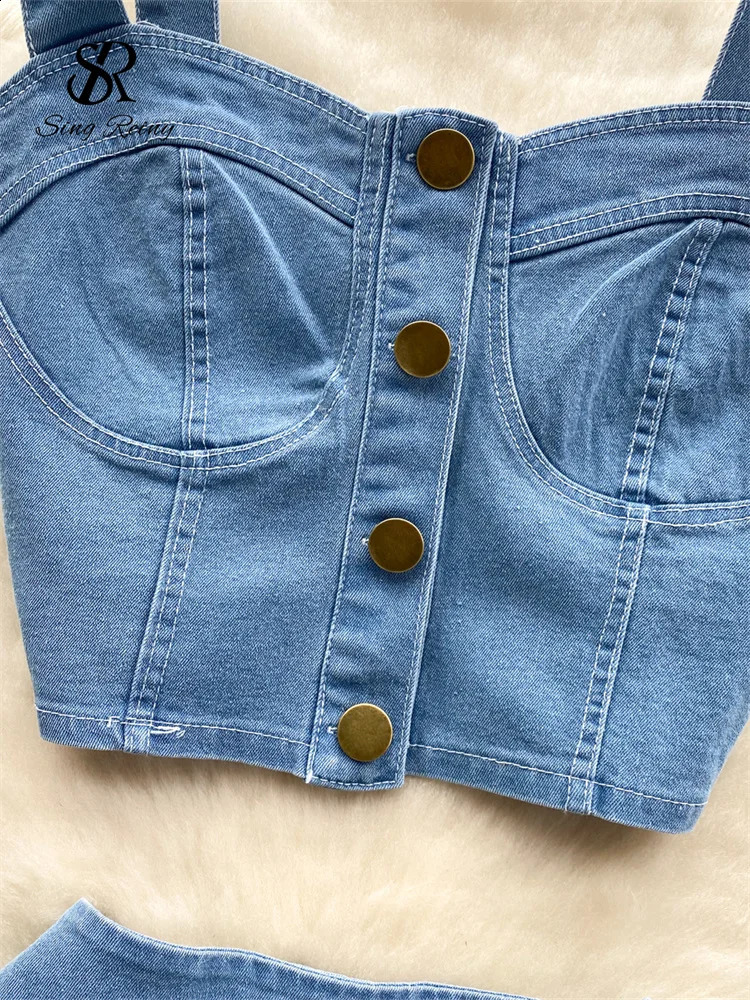 SINGREINY Female Chic Retro Suits Strap Button Elasticity Short TankPleated Mini Skirt Fashion sweet Denim Two Pieces Set 240812