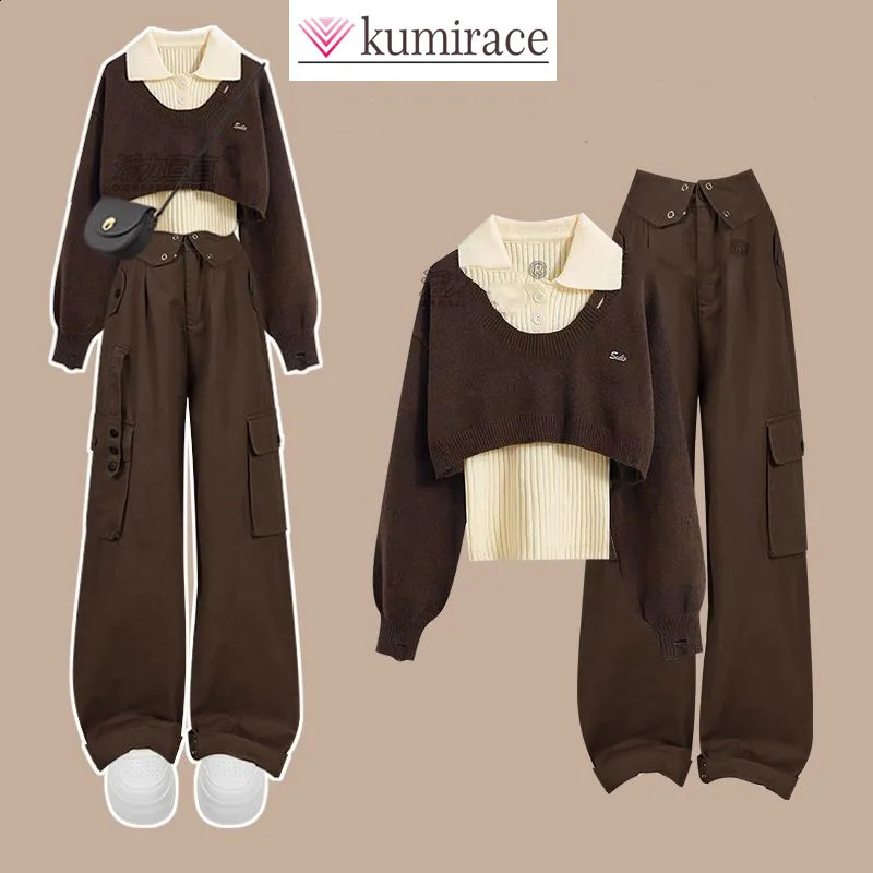 Autumn and Winter Set Womens Korean Knitted Sweater Womens Polo Neck Tank Top Versatile Workwear Three Piece Set 240731