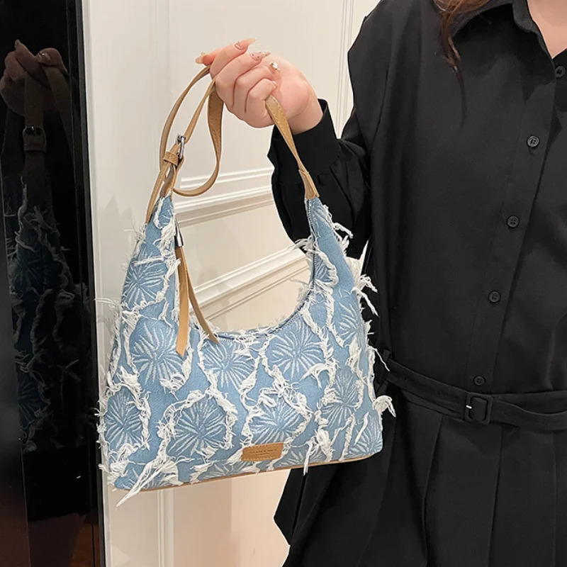 Denim Elegant Women Shoulder Bag Large Capacity Crossbody Bag Fashion Lady Versatile Travel Blue Hobo Handle Bag 240731