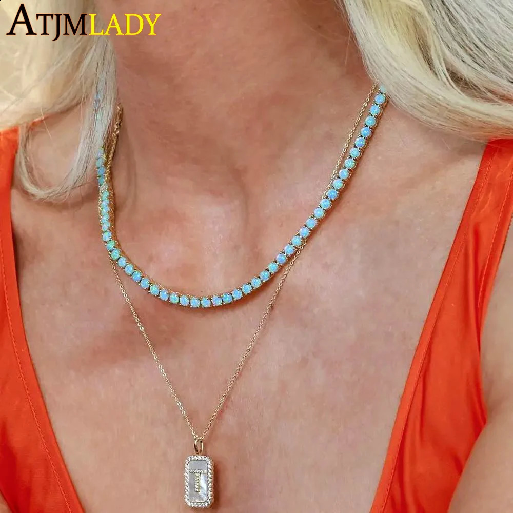 highquality gold galvanized M turquoise laid tennis chain necklace suitable for girls fashionable jewelry 240723