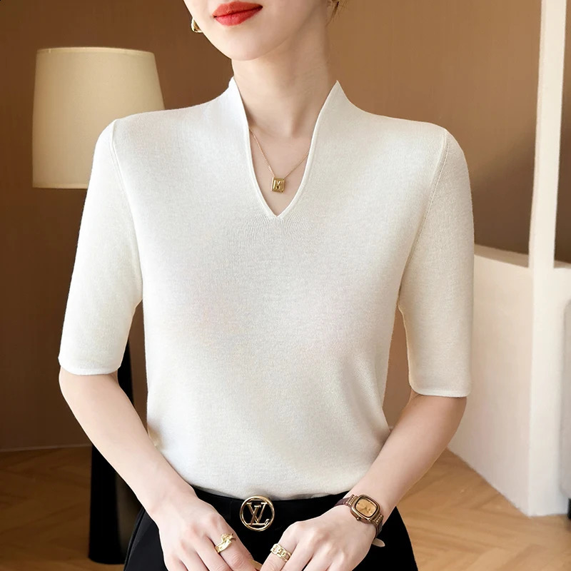 Spring and summer short sleeved womens cashmere sweater knitted 240814