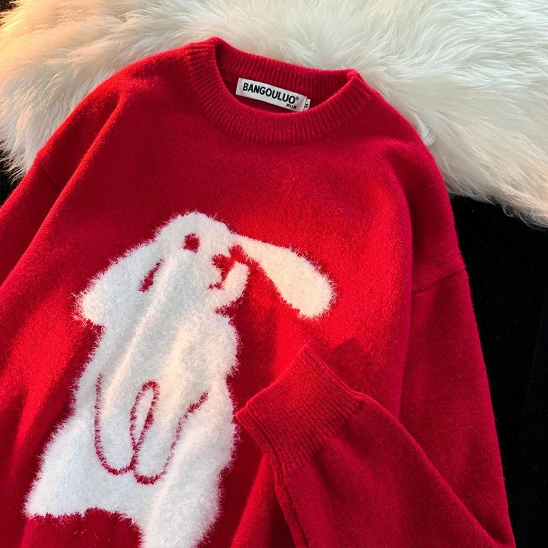 Winter Vintage Rabbit Flocking Sweater Loose Round Neck Long Sleeve Pullover Women Casual Fashion Sweet Sweater Streetwear Tops 240731
