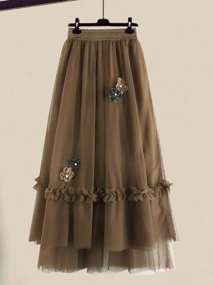 Fall Winter Vintage Two Piece Sets Women Outfit Ladies Warm Thick Twist Turtleneck Knitted Sweatermesh Skirt Set Women Clothing 240731