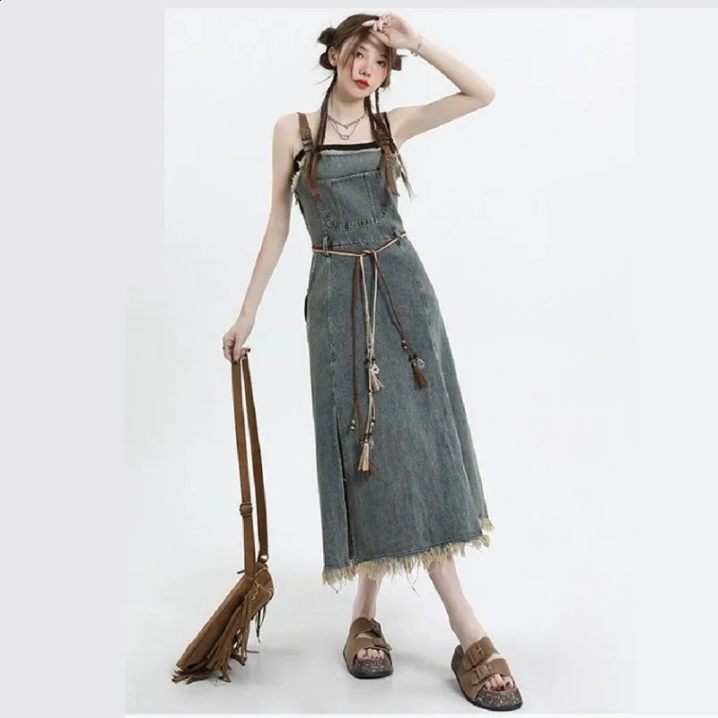 Autumn Vintage Denim Skirt Matching Set Womens Elegant Loose Hollow Knitted ShirtSexy Split Dress Two Piece Suit 240731