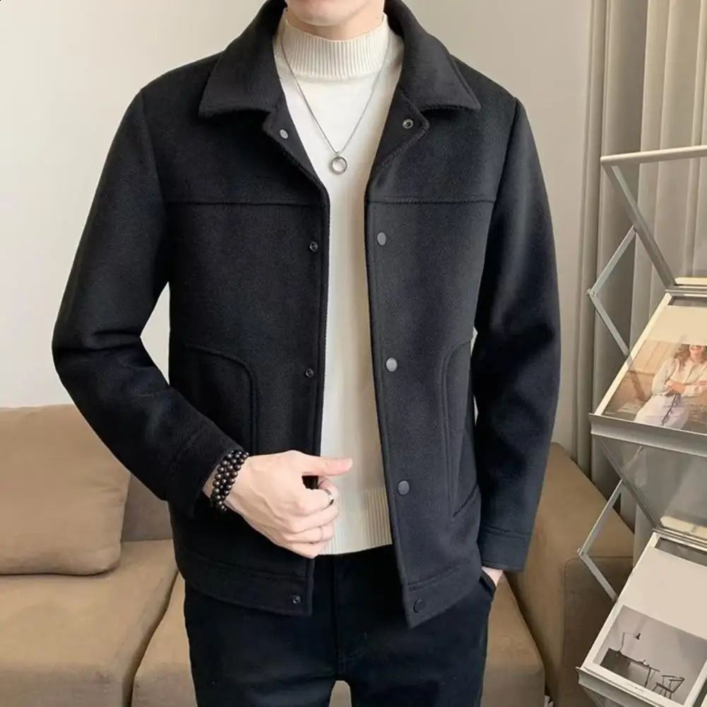 Fall Winter Men Jacket Lapel Single-breasted Thick Woolen Coat Long Sleeve Loose Solid Color Warm Pockets Men Fall Winter Coat 240812