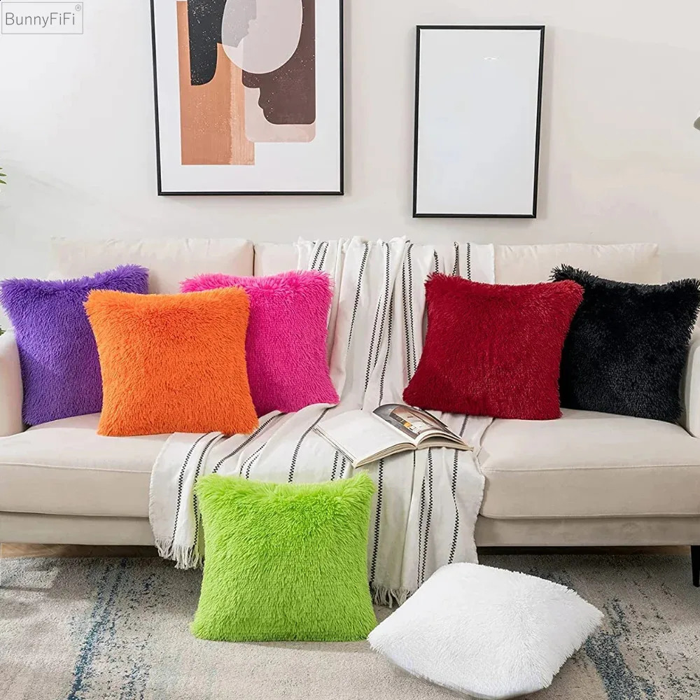 Fur Soft Cushion Cover 43x43cm Cozy Plush Decorative Pillow for Living Room Sofa Decor Pillowcase White Grey Case 240731