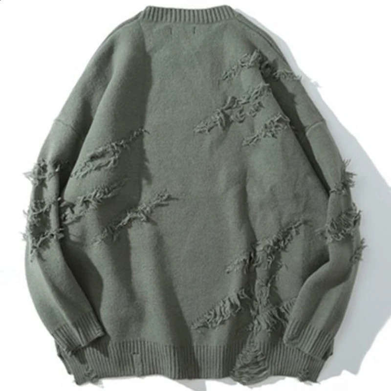 Retro sweater hip-hop Harajuku mens clothing street wear latte art oversized sweater torn solid color hole wool knitted top 240829