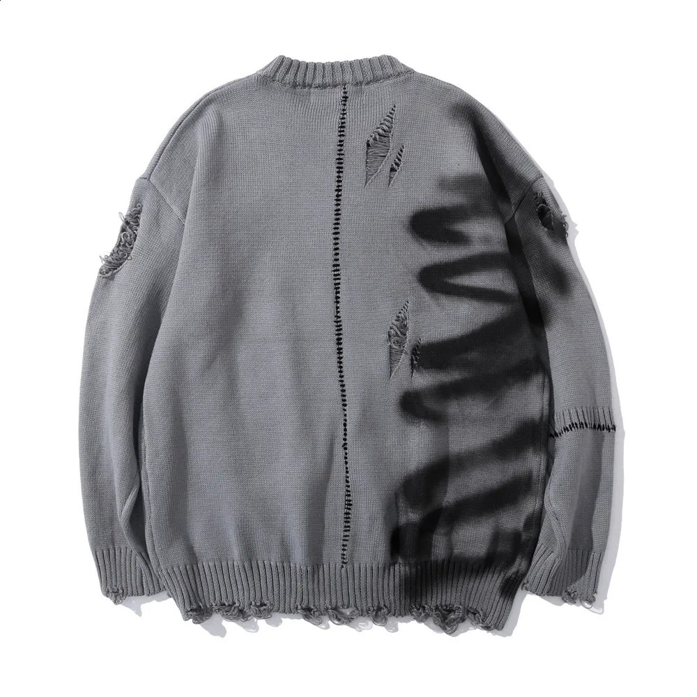 Arrival Graffiti Print Hole Ripped Gray Punk Men Knitted Sweater Hip Hop Knitwear Cotton Loose Retro Pullovers Sueter 240821