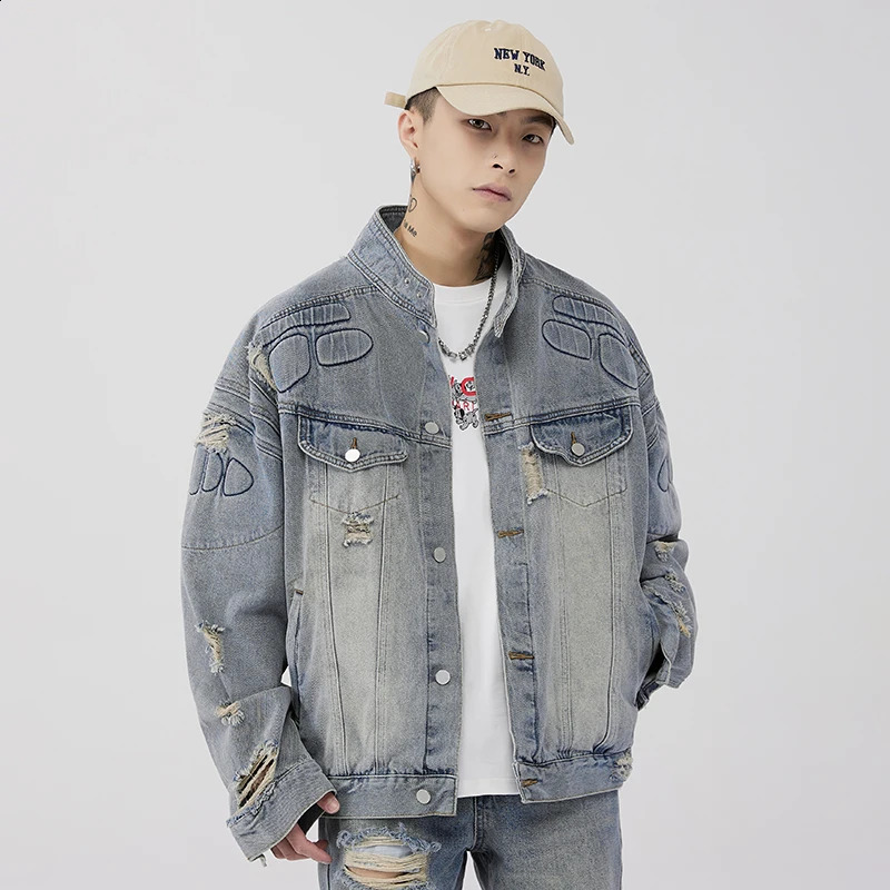washed distressed denim jacket for men fashion trend label loose oversized American retro workwear casual hip-hop denim top 240816