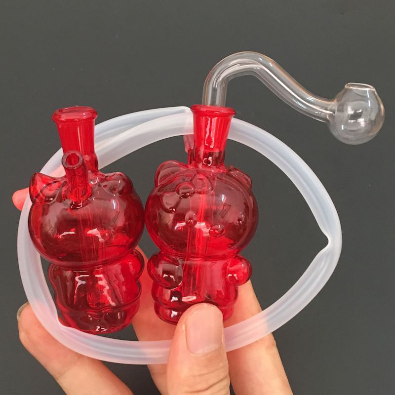 Lovely Cute Mini Glass Oil Burner Bong Hookahs with Silicone Tube Mouthpiece Round Filter Tip Bubbler Dab Rig Water Pipes Smoker Gift