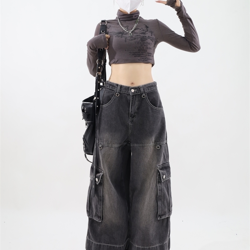 Women Black Gothic Cargo Jeans Baggy Harajuku Aesthetic Oversize Denim Trousers Y2k Jean Pants Vintage Emo 2000s Trashy Clothes 240806