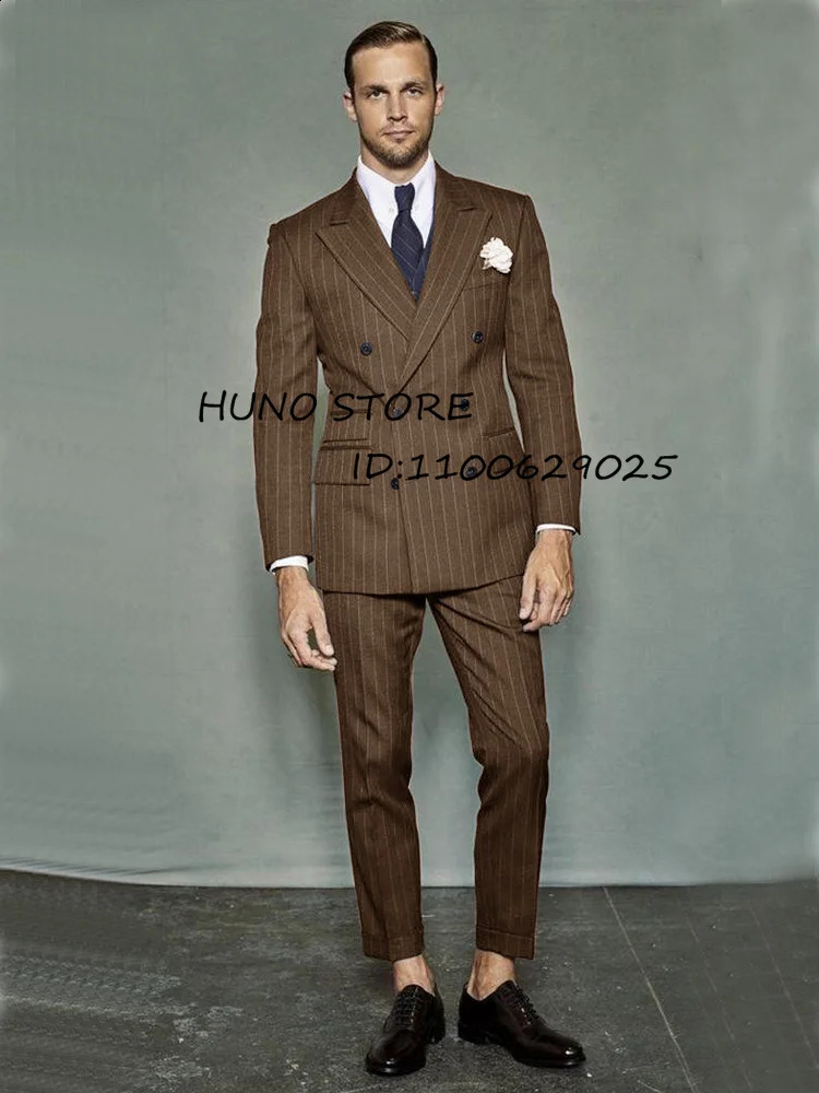 Mens striped twopiece set double breasted wedding groom slim tailed custom tailcoat mens stage 240730