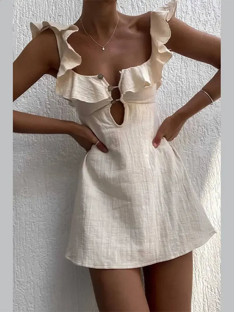 Sexy Cotton Linen Hollow Button Mini Dress Square Neckline Strapless Short Skirt 2024 Summer Street Vest 24