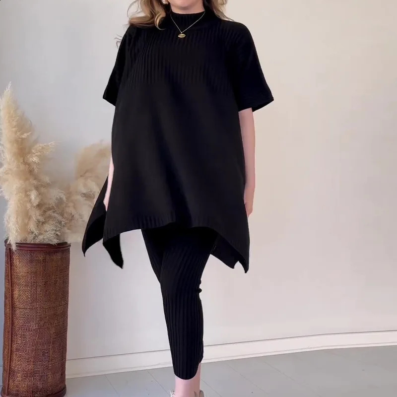 Plus-size Loose Knit Pant Sets Casual Two-piece Set Round Neck Bat Loose Tops and Knitted Trousers Lady Fashion Elegant Pullover 240813