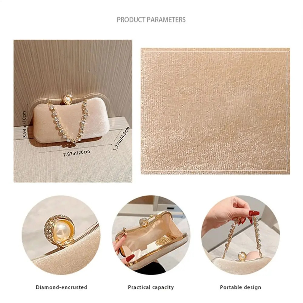 Gold Velvet Evening Bag Fashion French Vintage Pearl Chain Shoulder Bags Banquet Clutch Wedding Party 240813