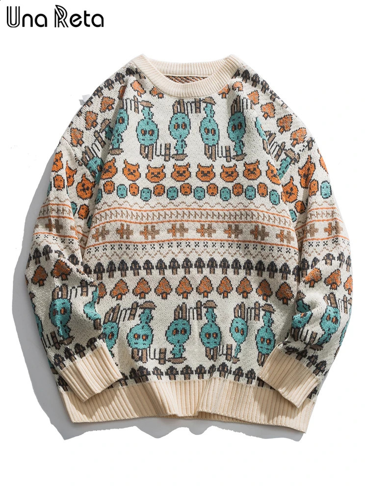 Una Reta Harajuku Print Mens Winter Sweater Streetwear Hip Hop Couples Knitted Pullover Long Sleeve Jacquard Soft Sweaters 240821