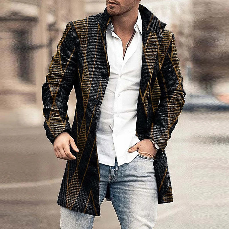 Autumn Winter Retro Print Woolen Coat Men Casual Single Breasted Lapel Long Sleeve Coat Men Fashion Loose Pocket Mid Long Jacket 240731