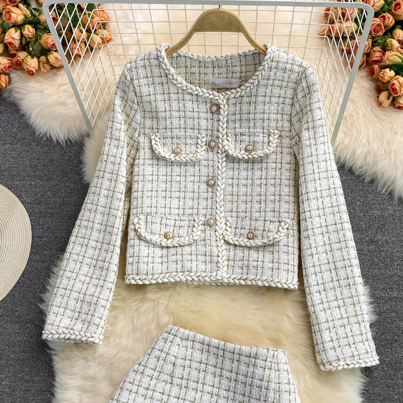 Fashion Two Piece Skirt set autumn winter short suit jacket womens top high waisted and hip wrapped skirt 240731
