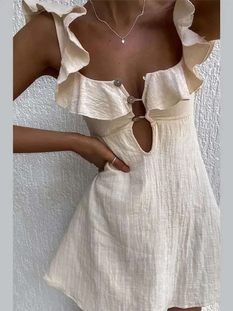 Sexy Cotton Linen Hollow Button Mini Dress Square Neckline Strapless Short Skirt 2024 Summer Street Vest 24
