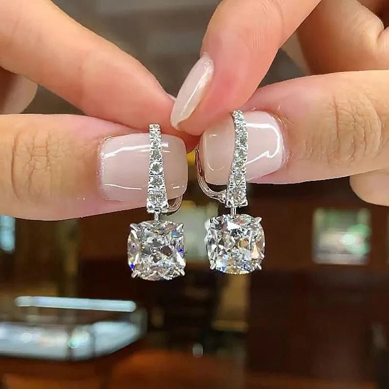 2024 Women's Fashion Dangle Earrings Elegant Luxury Jewelry 925 Sterling Silver Cushion Shape 5A Cubic Zircon CZ Diamond Party Niche OL Women Dro