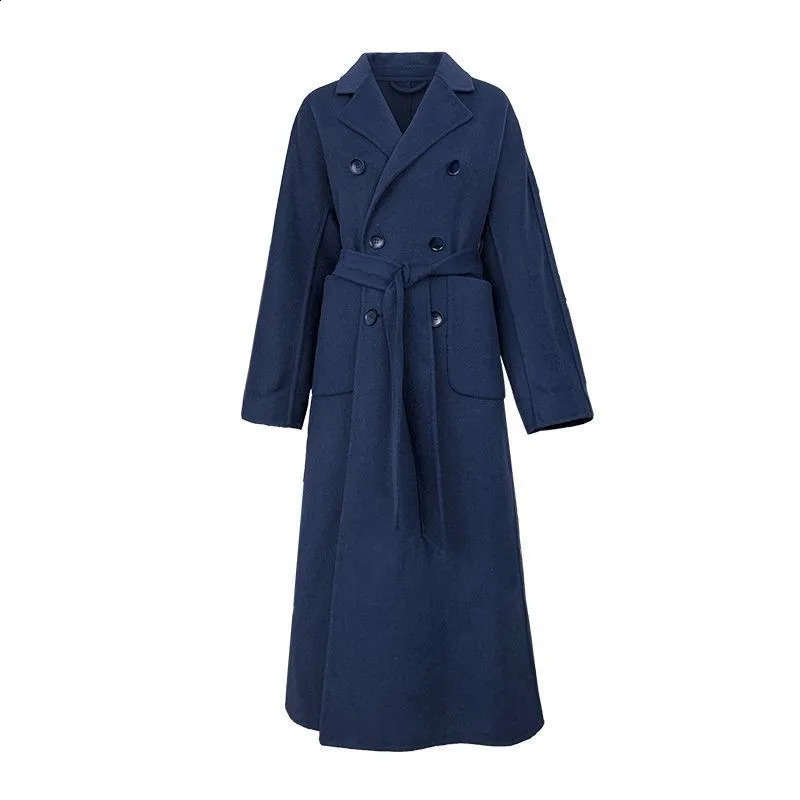 Autumn Winter Women Woolen Cloth Coat Warm Long Length Double Breasted Navy Blue Female Elegant Outerwear Loose Belt Overcoat 240729