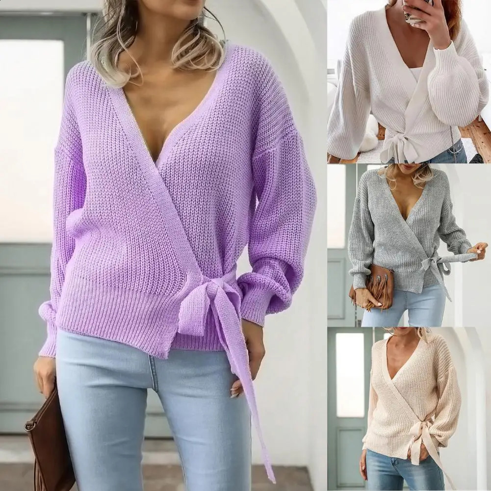 Spring Autumn Longsleeved Knitted Cardigan Fashion Vneck Wrap Top Temperament Laceup Sweater Women Elegant Bottoming Shirt 240730