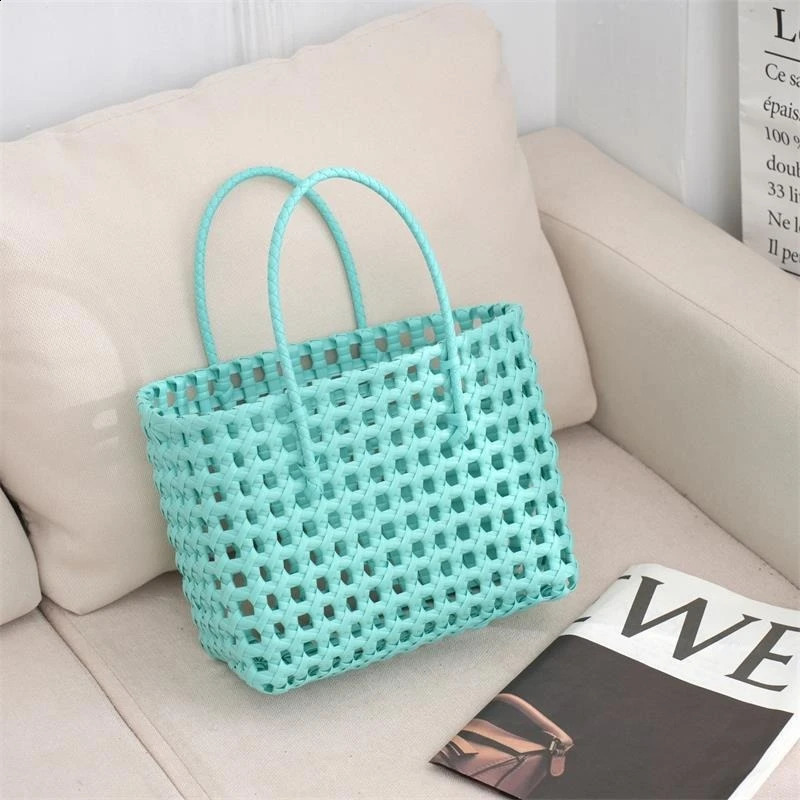 Womens Woven Hollow Out Bags Vegetable Basket Summer Fashion PVC Handbag Hand Bag Patchwork Striped Tote Beach 240730