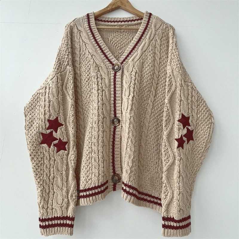 Autumn Vintage Knit Warm Beige Cardigan Women Y2k Star Sweater Winter Loose Fit Long Sleeves Holiday Cardigan Knitwear Female 240731