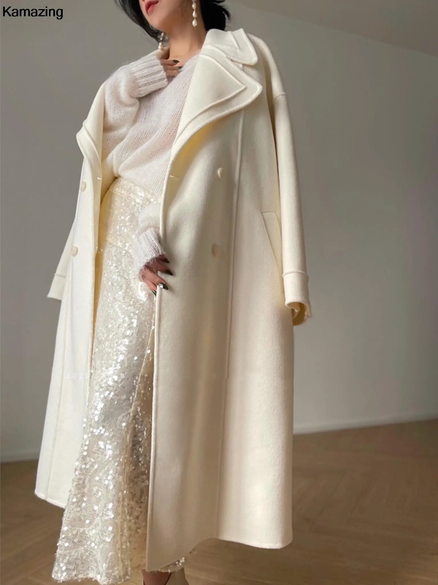 Womens High Quality Fashion Elegant Woolen Long Coat Spring Warm Solid Double Breasted Lapel Overcoat With Belt Female 240729
