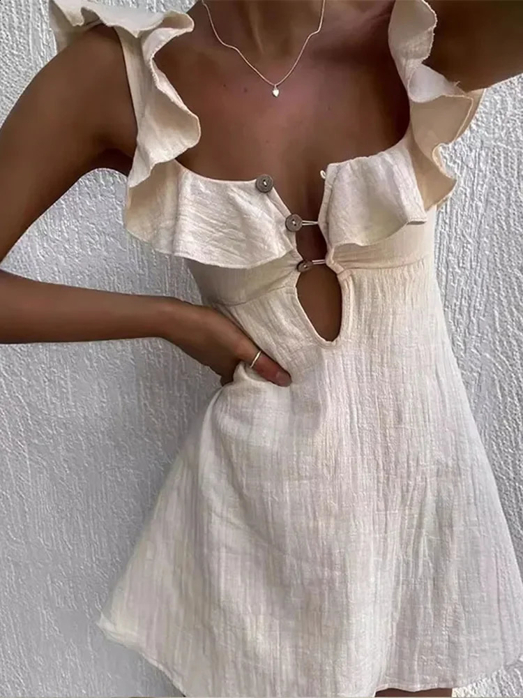 Sexy Cotton Linen Hollow Button Mini Dress Square Neckline Strapless Short Skirt 2024 Summer Street Vest 24