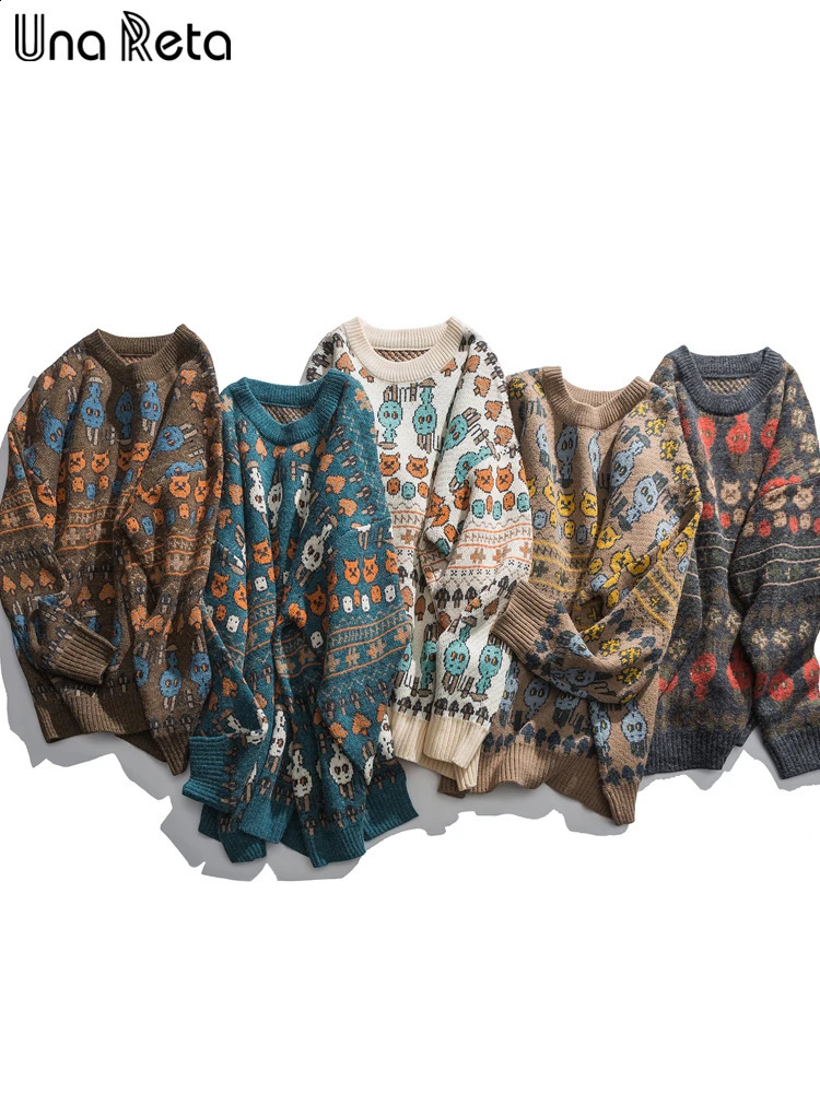 Una Reta Harajuku Print Mens Winter Sweater Streetwear Hip Hop Couples Knitted Pullover Long Sleeve Jacquard Soft Sweaters 240821
