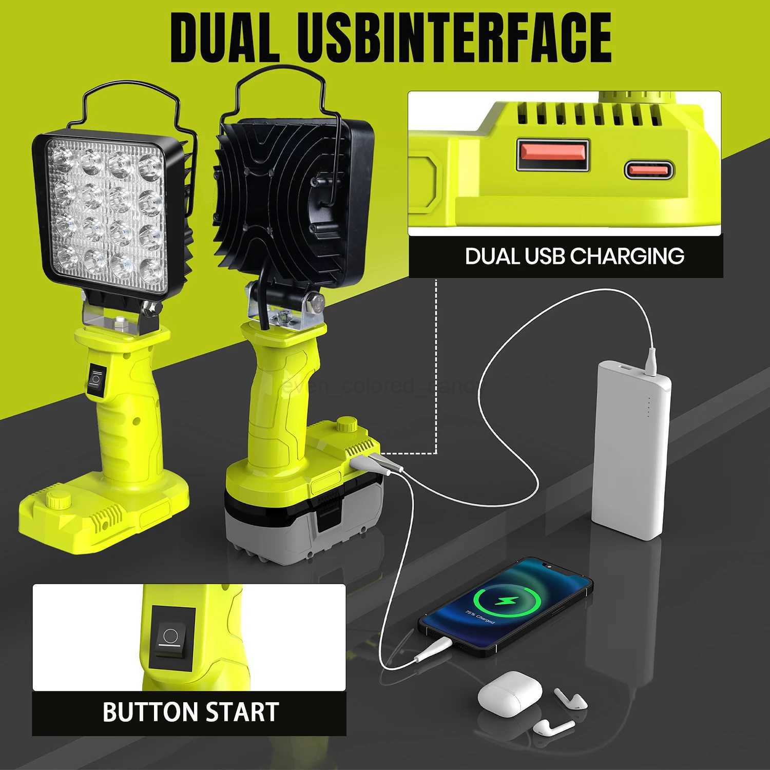 LED Alarm Work Light Flashlight Searchlight Electric Torch Spotlight Camping Lamp For Ryobi 18V Lithium Nickel One+ Battery P108 M241107