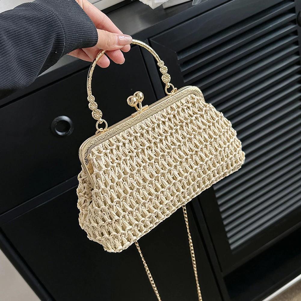Grass Woven Bag Summer Female Chain Clutch Bag Simple Texture Dinner Party Handmade Casual Elegant Fashion Portable Evening Bag 240813