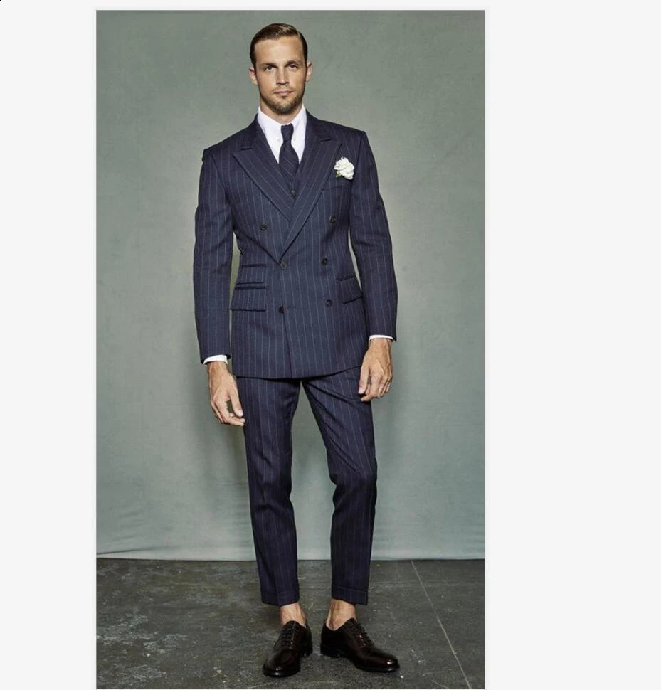 Mens striped twopiece set double breasted wedding groom slim tailed custom tailcoat mens stage 240730
