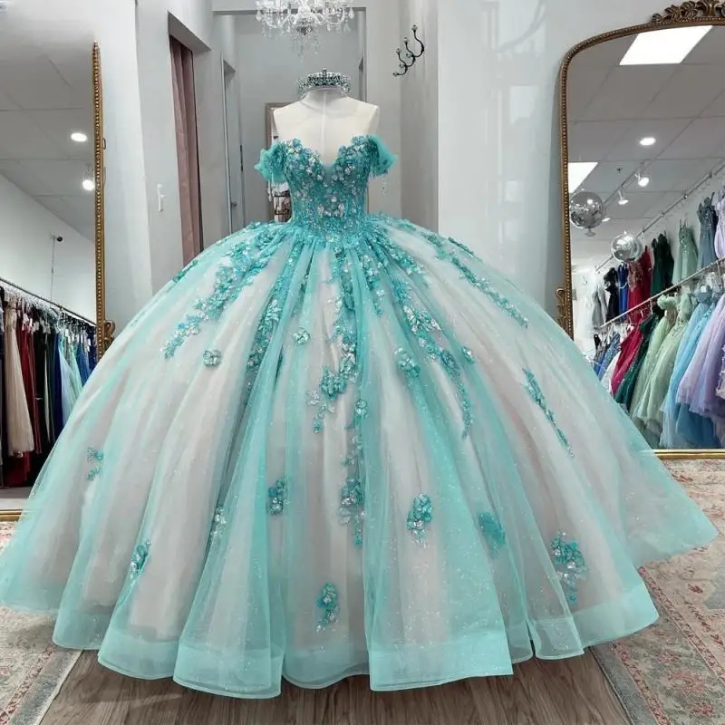 Champagne Mint Quinceanera Dress Ball Gown Off The Shoulder Lace Applique Beading Tull Mexican Corset Sweet 16 Vestidos De 15 Anos