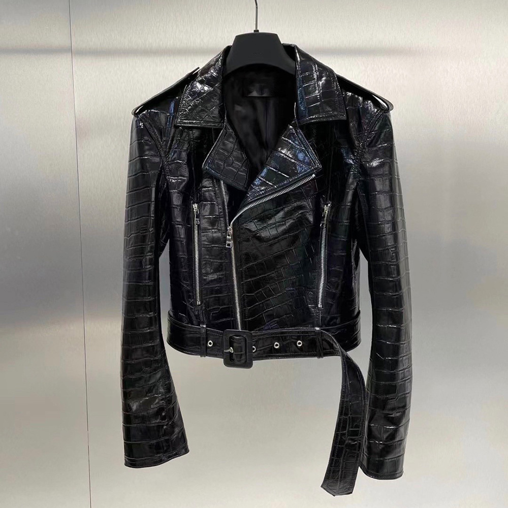 HK246130 Customized Leather Clothes Luxury Fashion Crocodile patterned cowhide Women European Locomotive Punk Spring and Autumn Short Style
