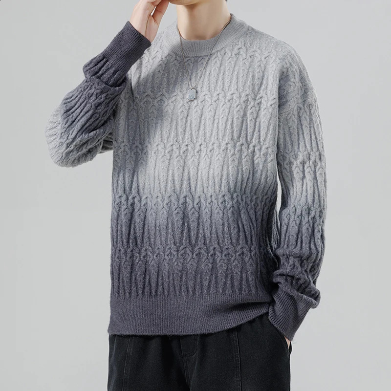Mens Autumn Winter Harajuku Sweater Mens Casual Loose Gradient Color Round Neck Knitted Pullover Street Hip Hop Sweatshirt 240821
