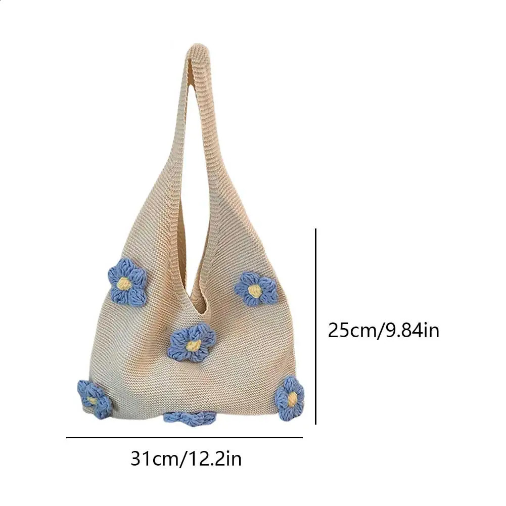 Large Capacity Shoulder Bag Crochet Knitted Flower Women Casual Tote Armpit for Beach Summer Shopping 241203