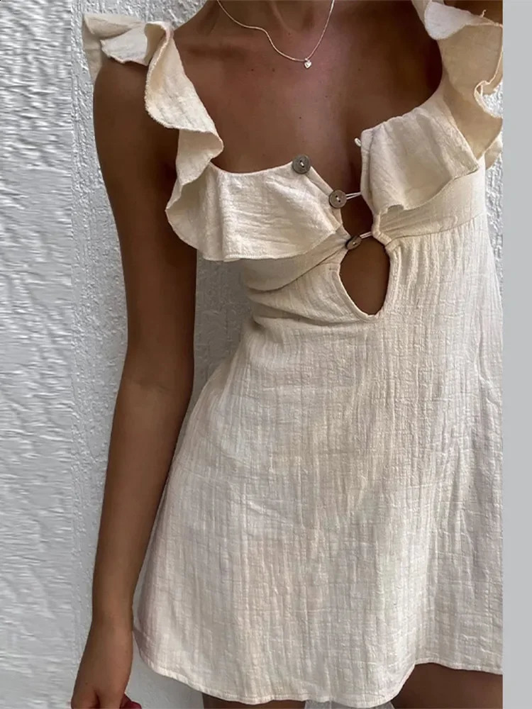 Sexy Cotton Linen Hollow Button Mini Dress Square Neckline Strapless Short Skirt 2024 Summer Street Vest 24