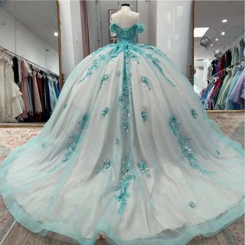 Champagne Mint Quinceanera Dress Ball Gown Off The Shoulder Lace Applique Beading Tull Mexican Corset Sweet 16 Vestidos De 15 Anos